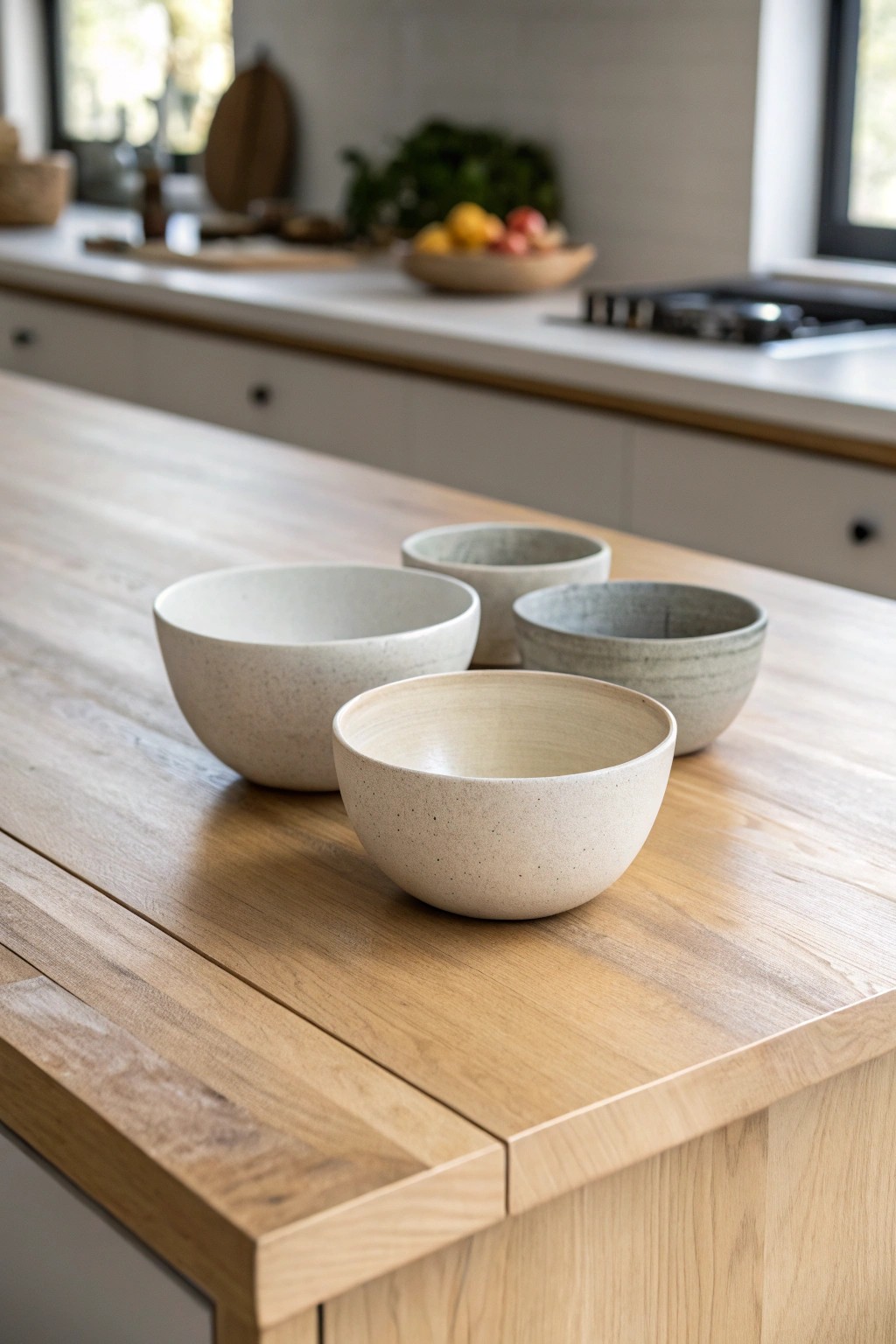 The beauty of threes: elevate your kitchen island with a simple trio of artisan bowls.