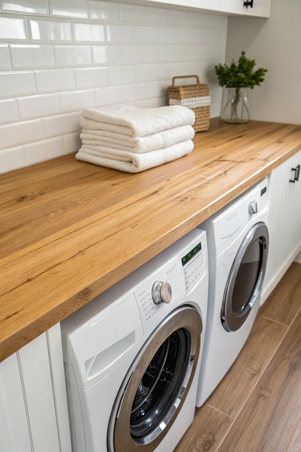 Elevate your laundry routine with a simple, beautiful folding station above your appliances.