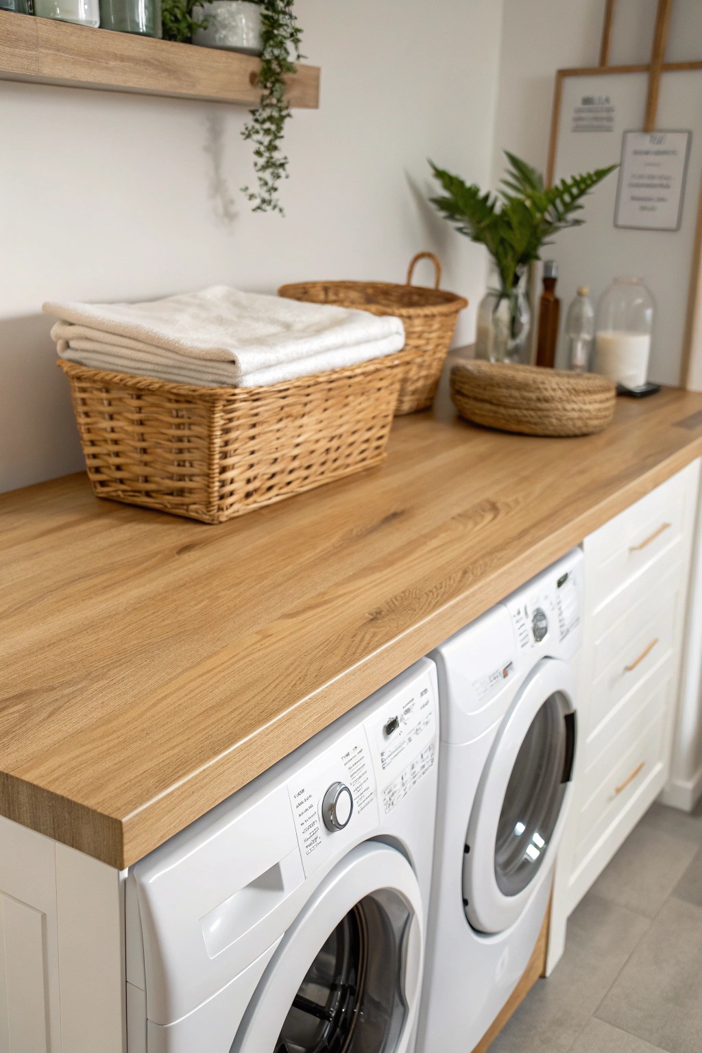 Streamline your laundry room with a crafted wood countertop for effortless folding and timeless style.