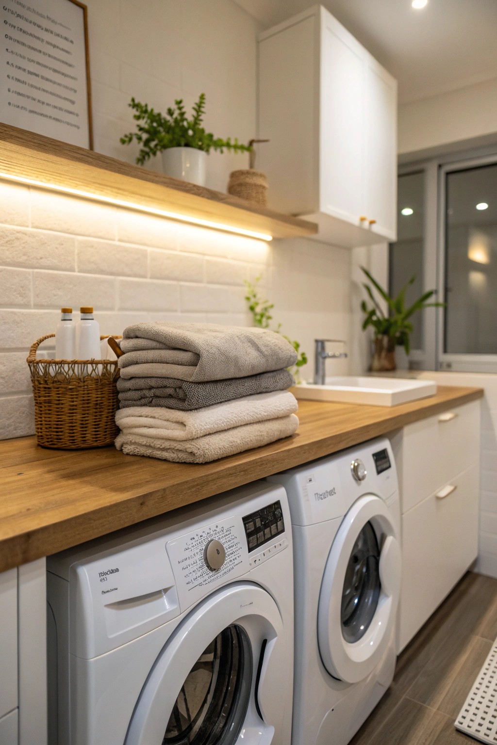 A countertop above appliances transforms your laundry routine and adds warmth.