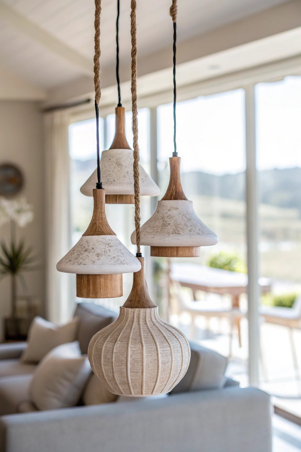 Elevate your living room with sculptural pendant light clusters—where lighting meets artistry.