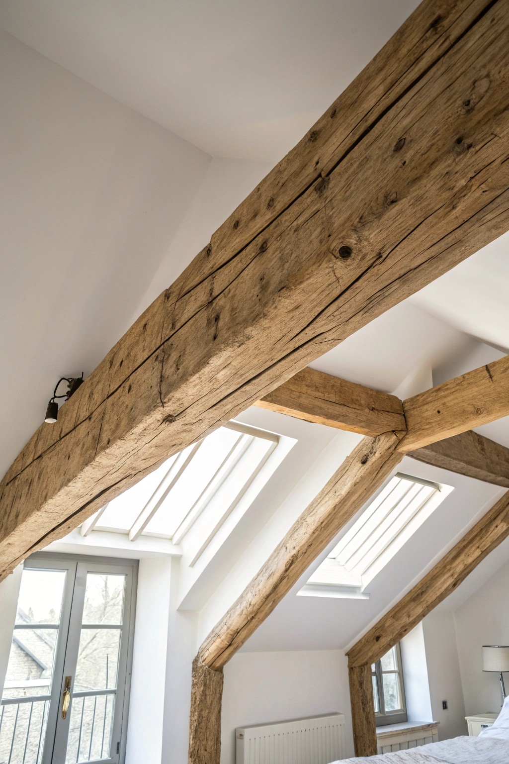 Elevate your loft with the rustic charm of exposed wooden beams.