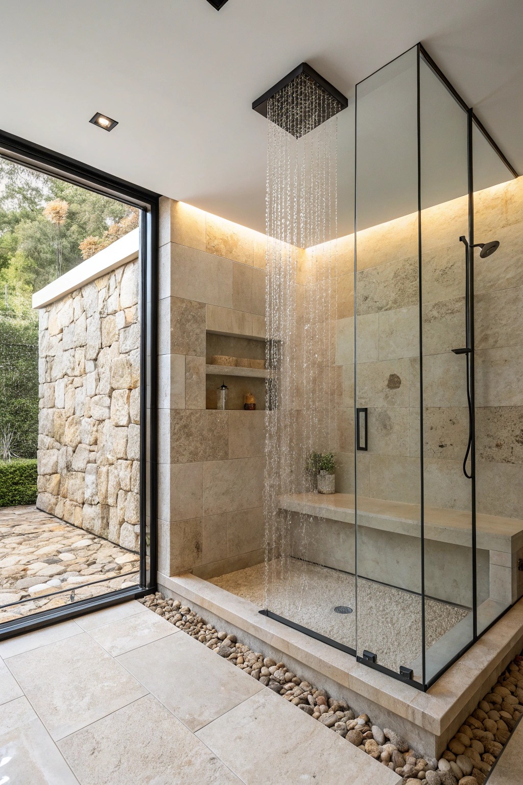 Experience pure serenity with a minimalist walk-in rain shower—where natural beauty meets everyday luxury.