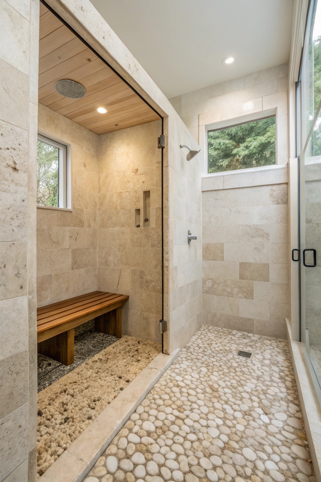 Seamless serenity: a curbless, doorless walk-in shower that blends natural beauty with effortless accessibility.