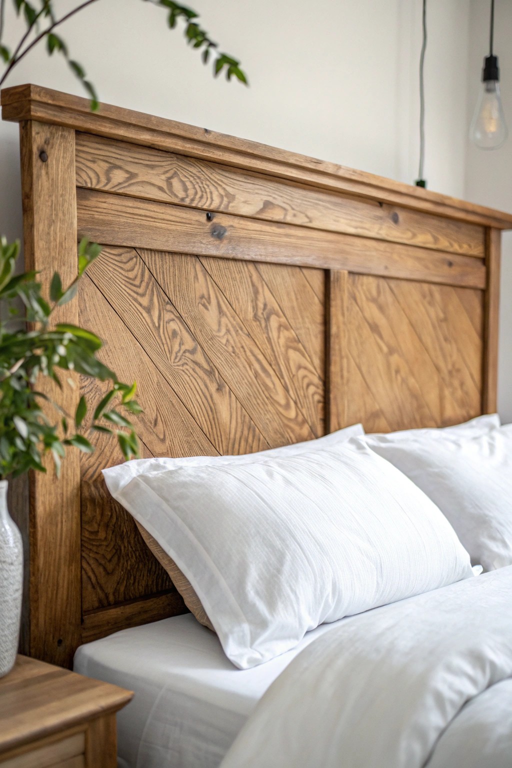 Embrace natural beauty: a handcrafted wooden headboard paired with crisp linen for effortless minimalism.
