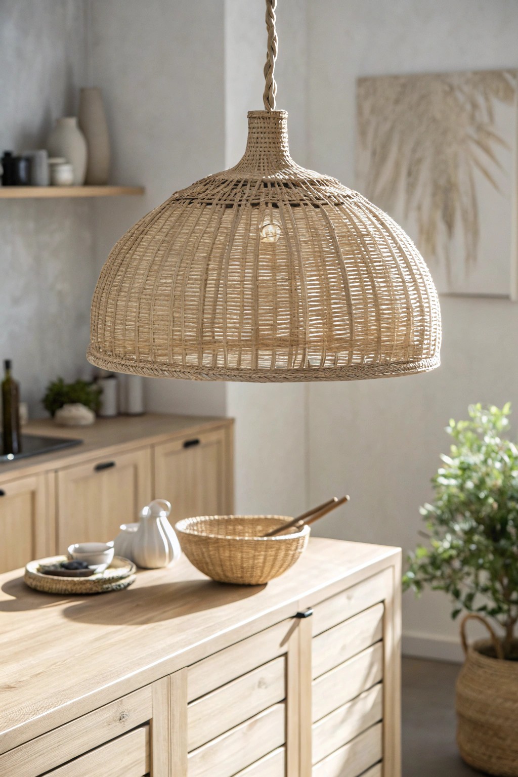 Bring modern coastal charm to your kitchen with a statement rattan pendant light.