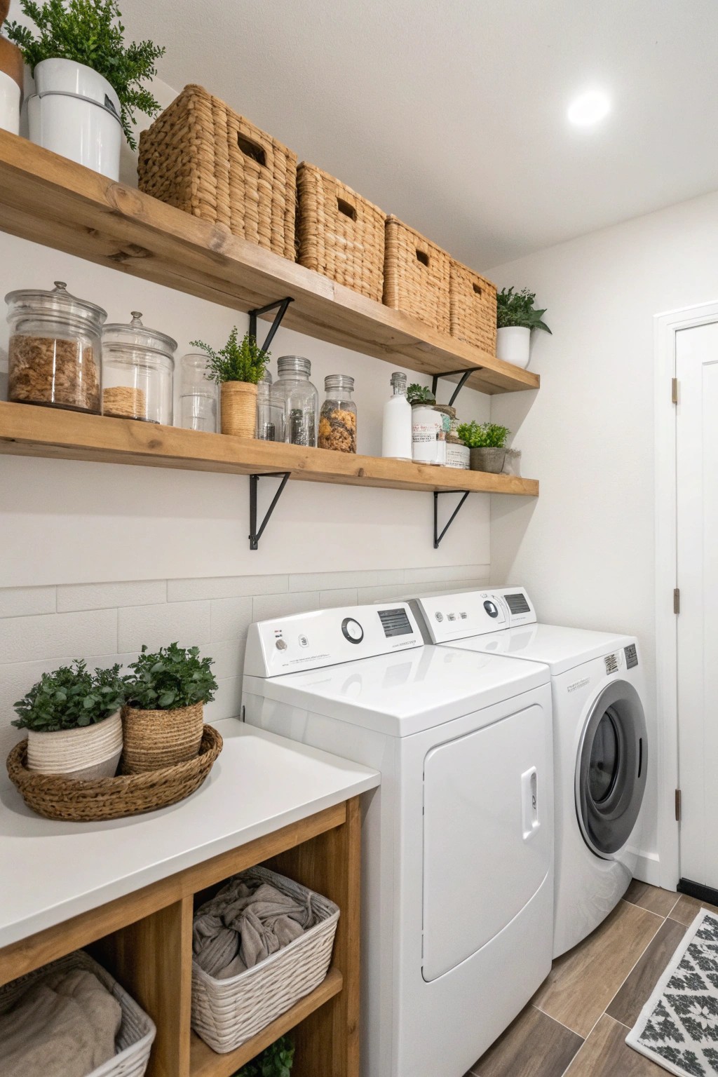 Open shelving adds both convenience and a curated look to modern laundry spaces.