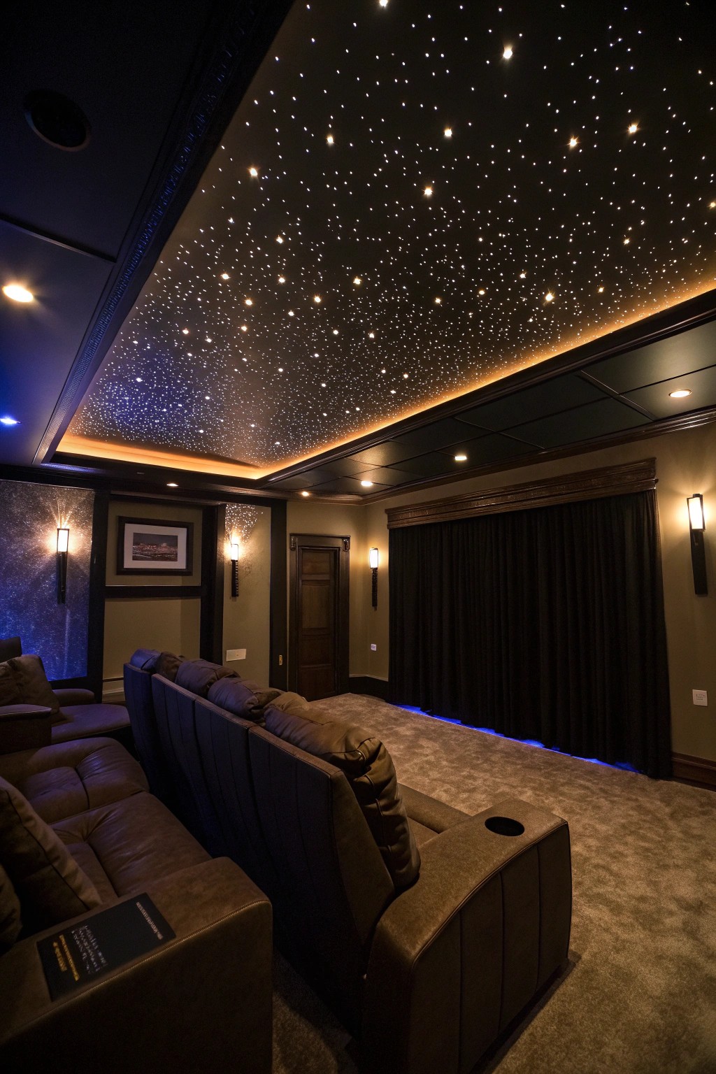 A starry ceiling transforms your movie room into a celestial escape.