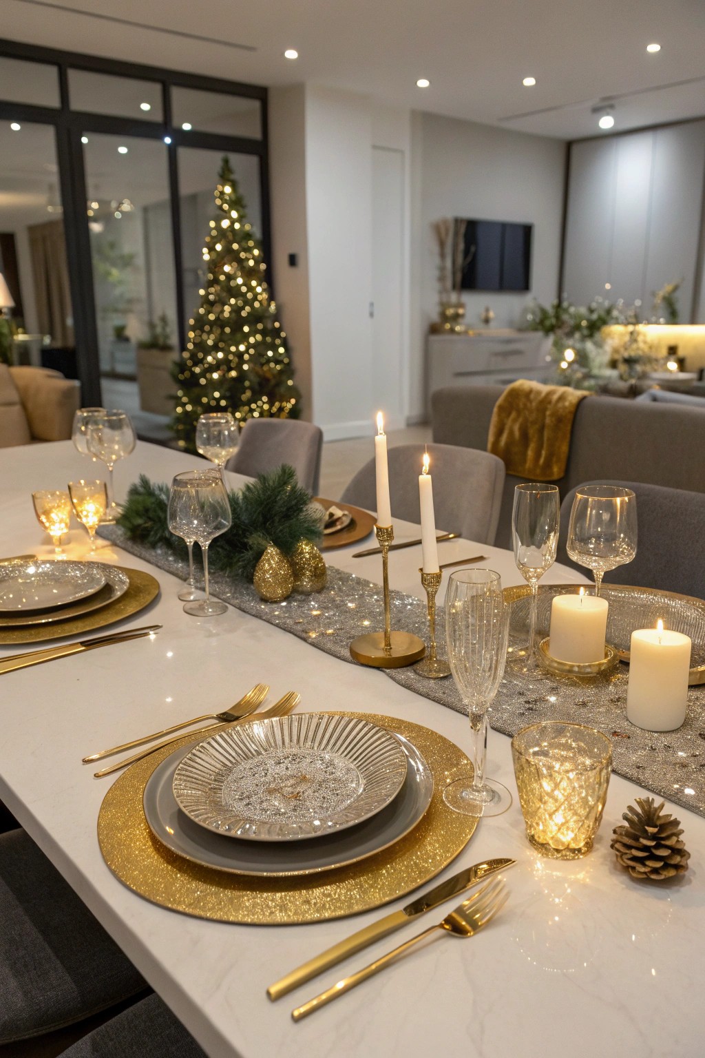 A metallic tablescape transforms your dinner into a glamorous New Year's Eve feast.