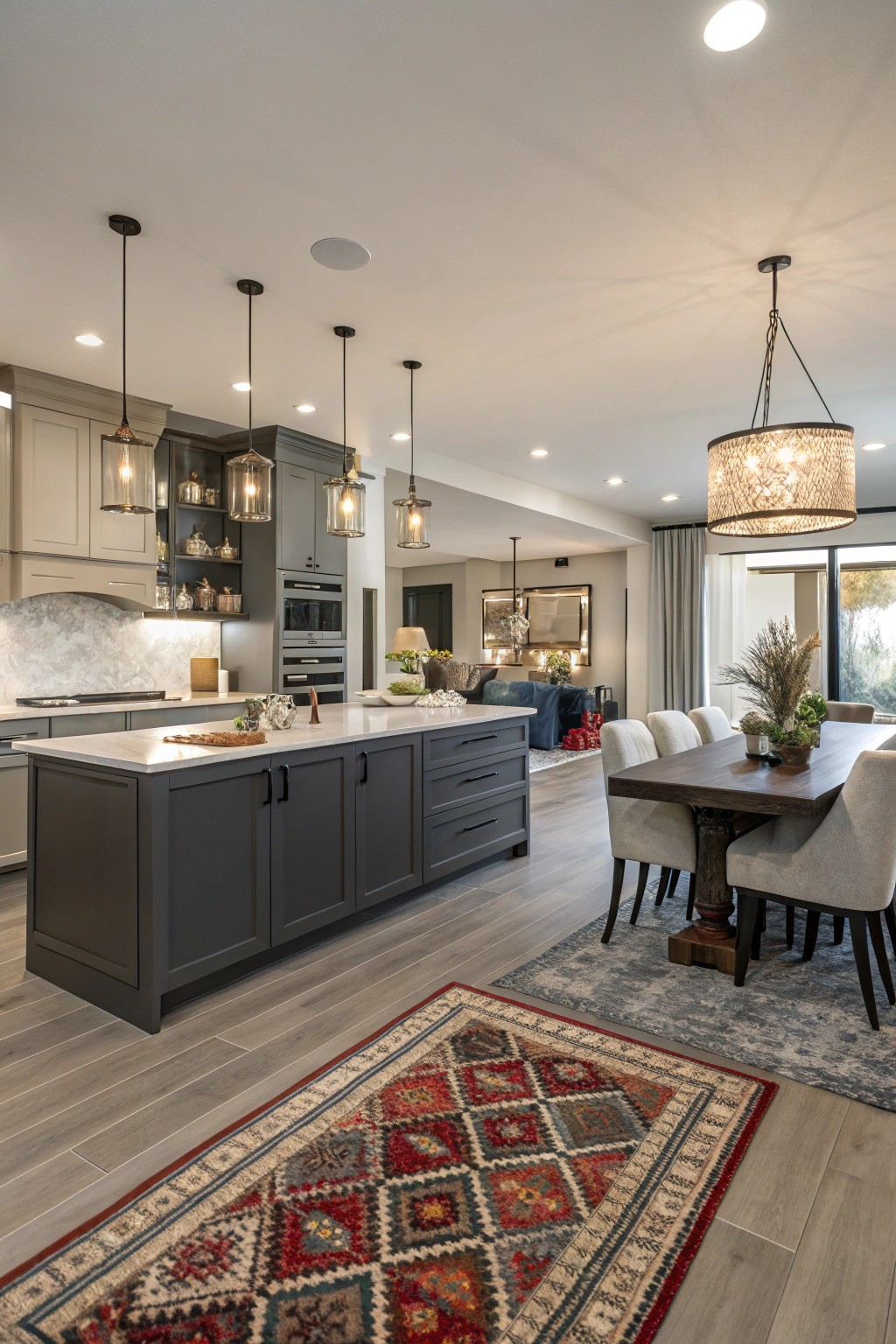 Distinct zones in an open kitchen, defined by thoughtful rug placement and lighting.