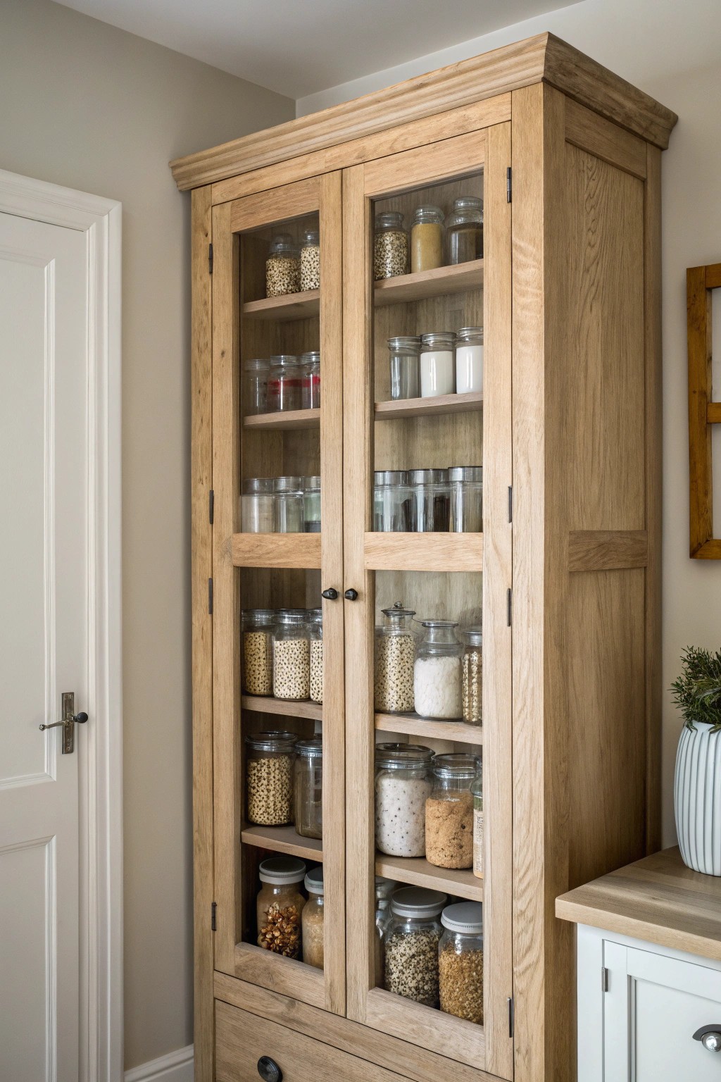 Showcase your pantry in style with a beautifully crafted glass-front cabinet.