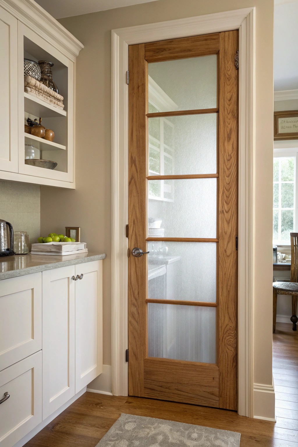 Embrace serene elegance with a frosted glass pantry door—where privacy meets natural light.