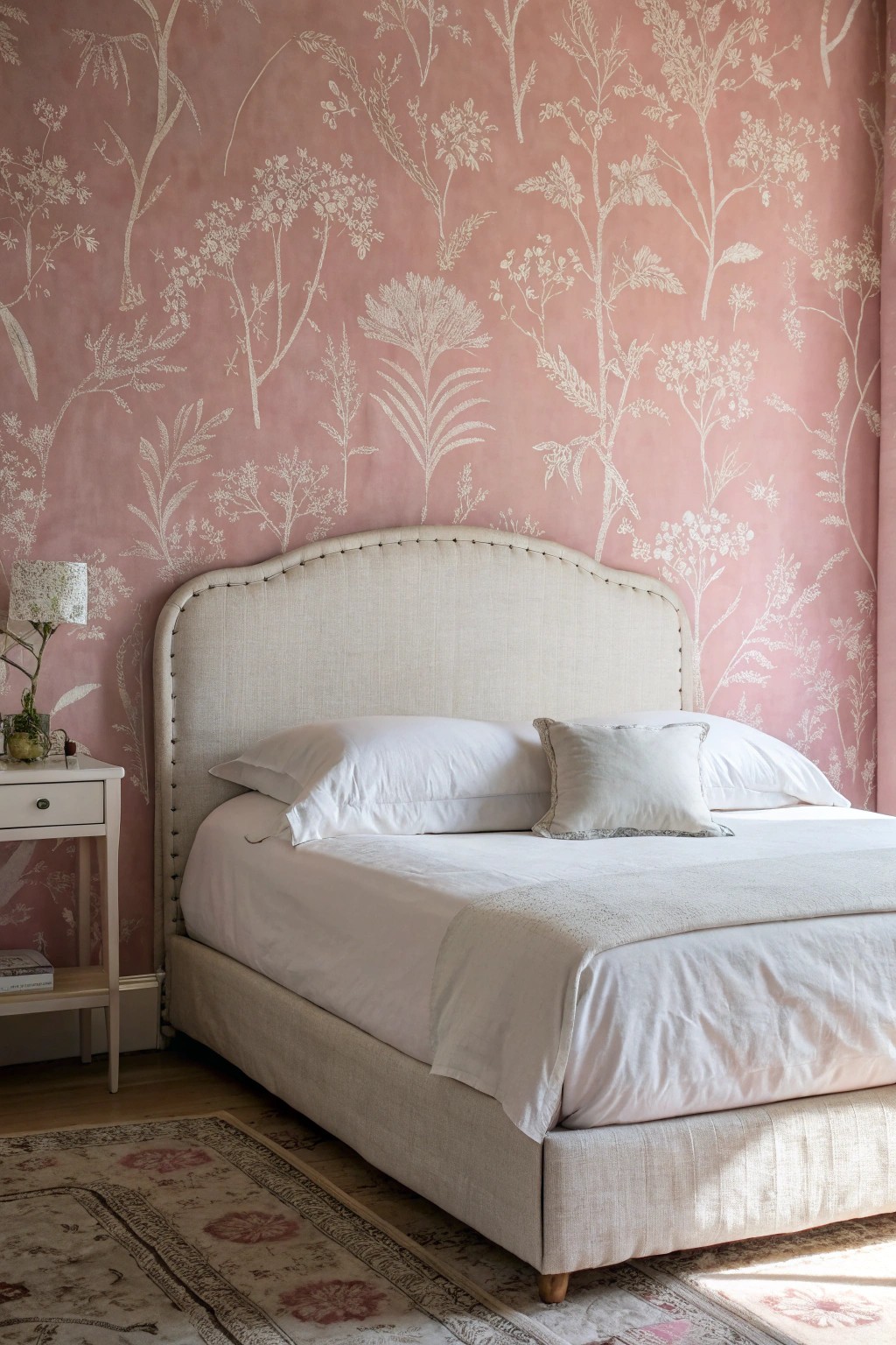 Elevate your bedroom with patterned pink wallpaper for a touch of handcrafted elegance.