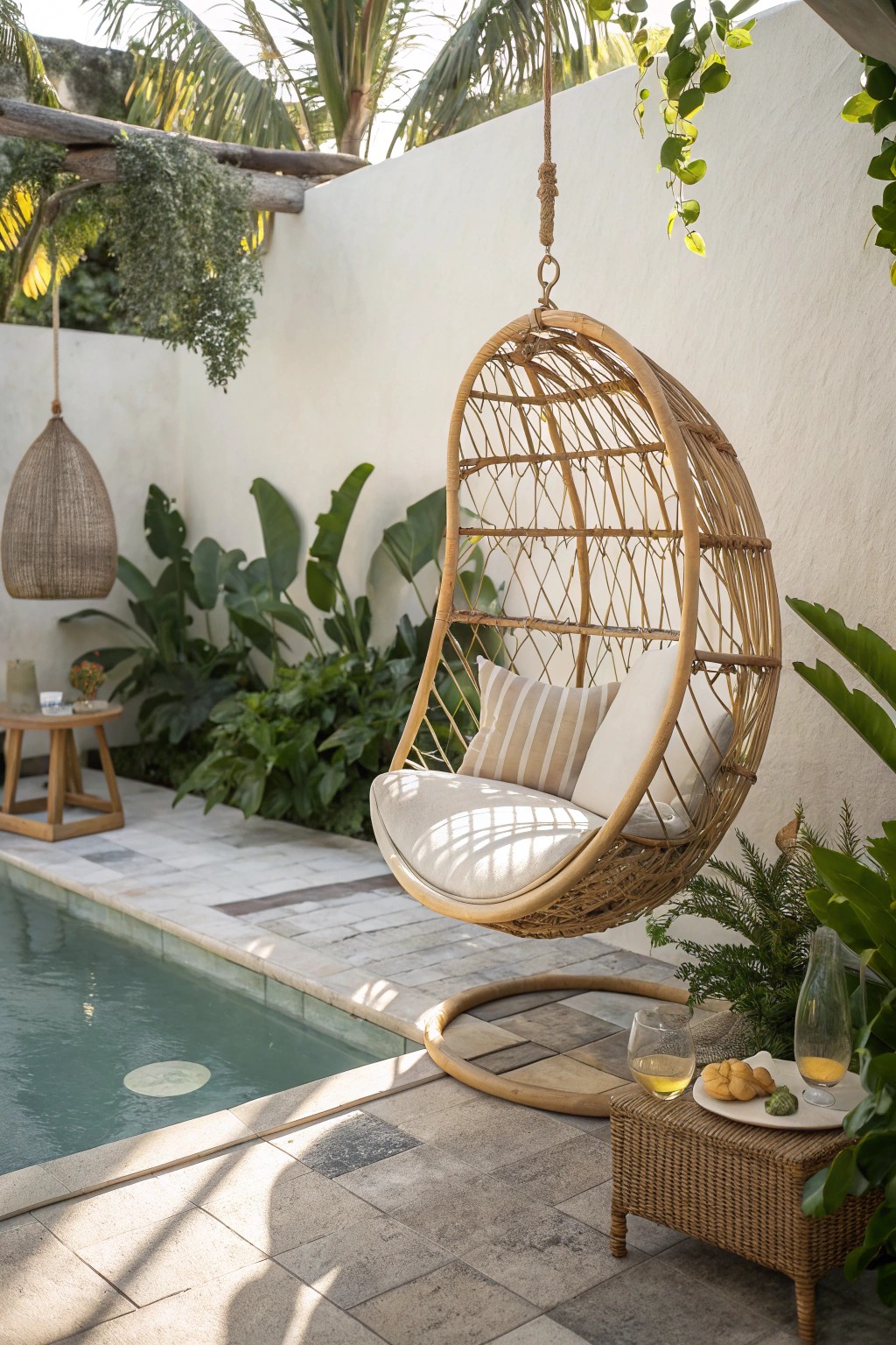 Unwind by the pool in a handmade hanging chair—simple luxury for your backyard oasis.