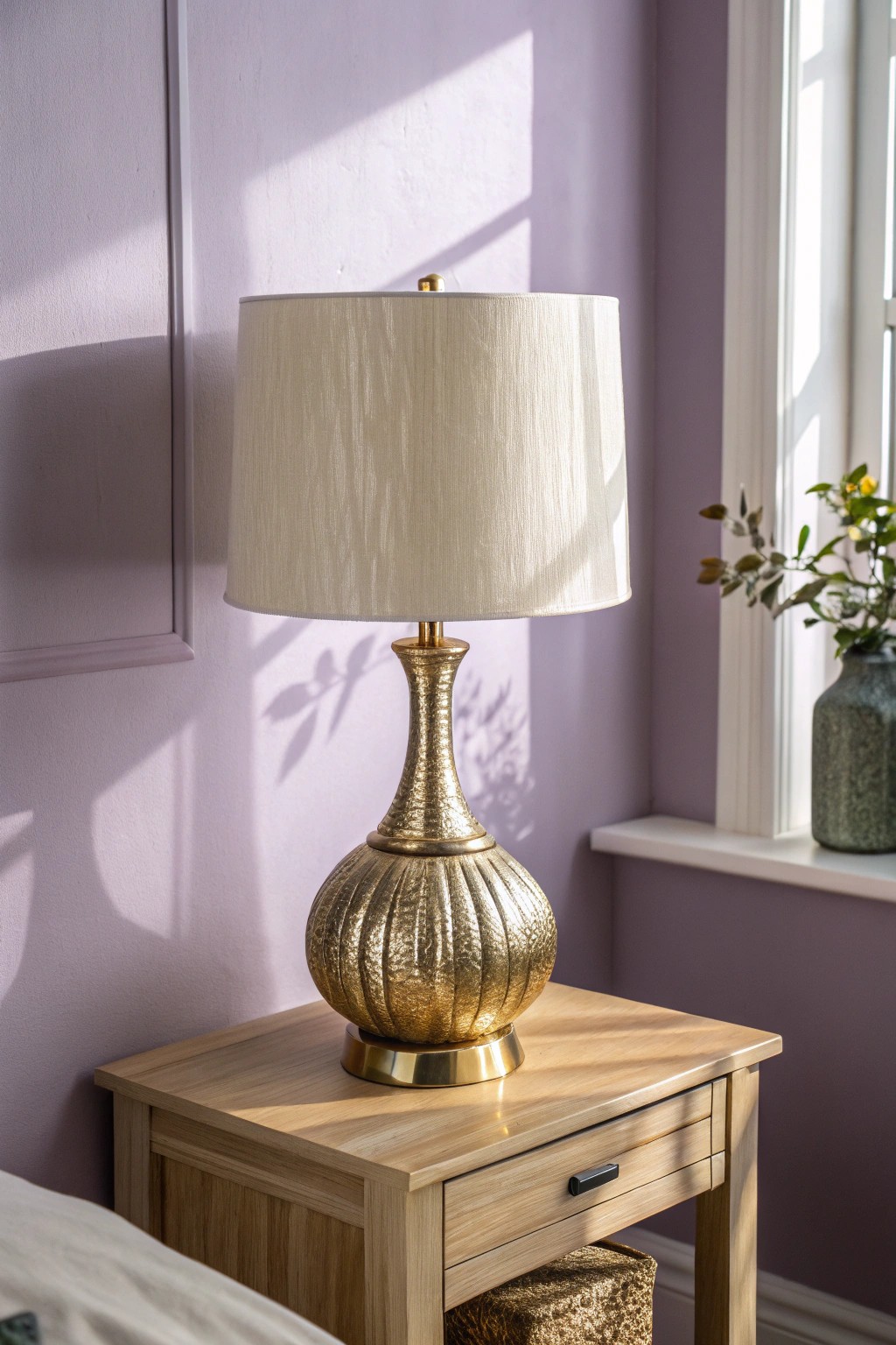 A gold lamp brings warmth and elegance to a serene purple bedroom.