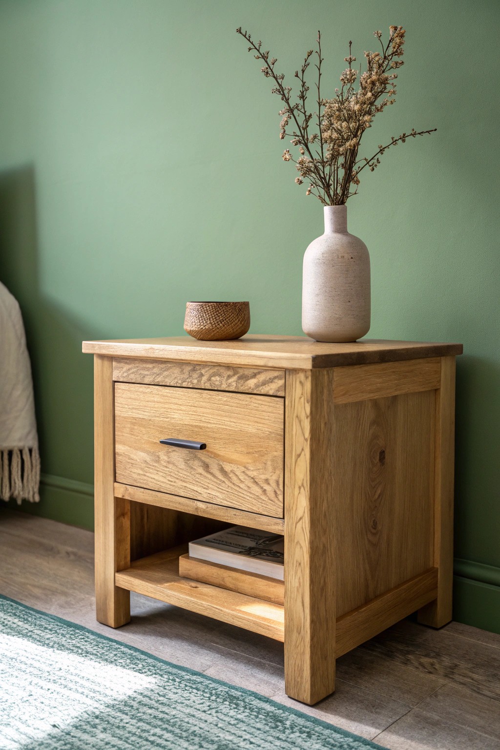 Sage green meets natural wood: effortless harmony for a restful bedroom.