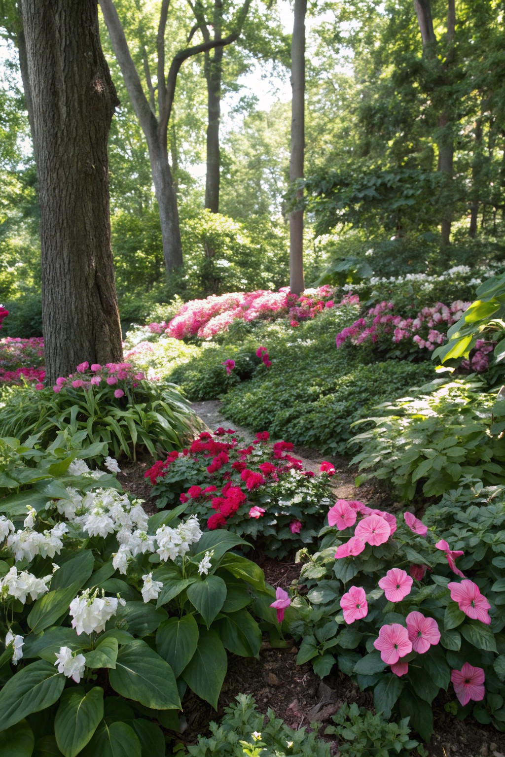 Bright shade-loving flowers add cheerful pops of color to the garden.