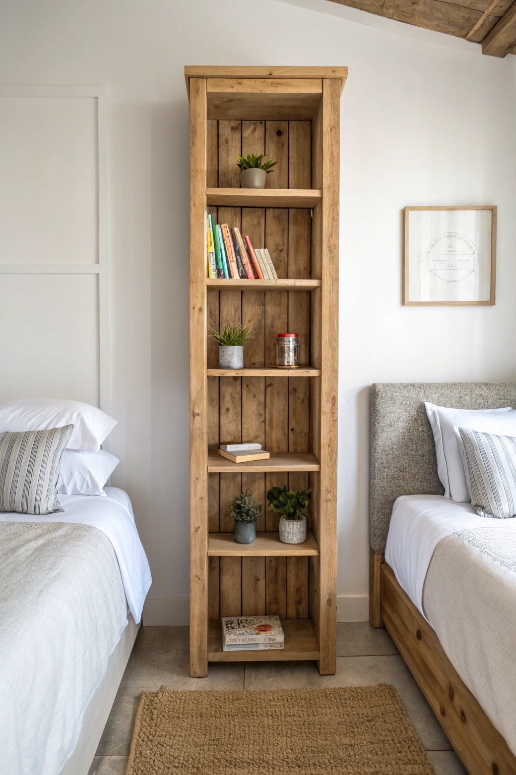 A beautiful open bookshelf divides and connects—a perfect blend of storage and style for shared bedrooms.