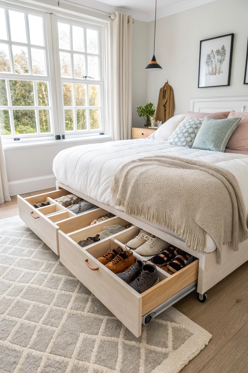 Hidden rolling drawers under the bed maximize every inch of storage.