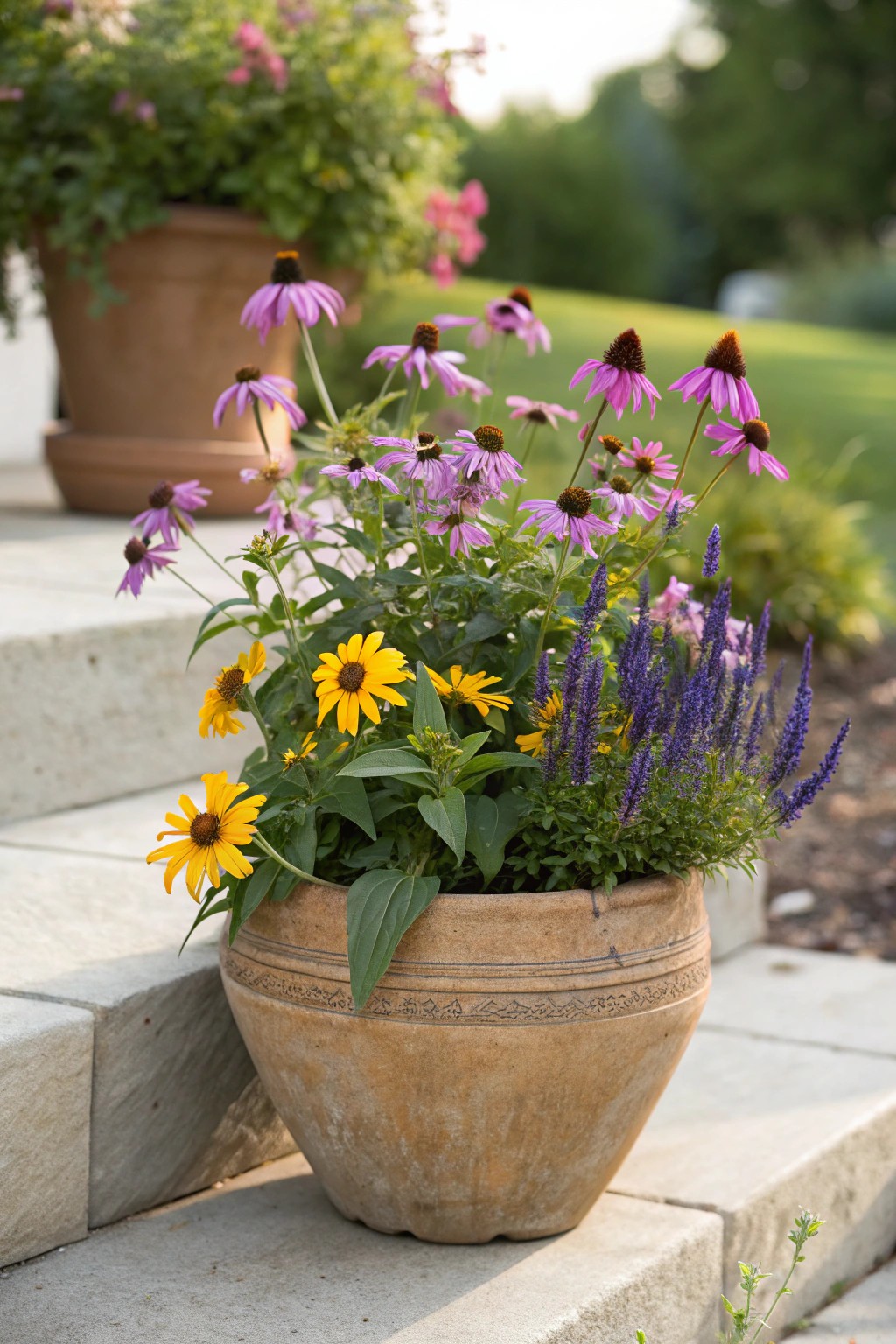 Effortless curb appeal: a simple clay pot bursting with perennial blooms.