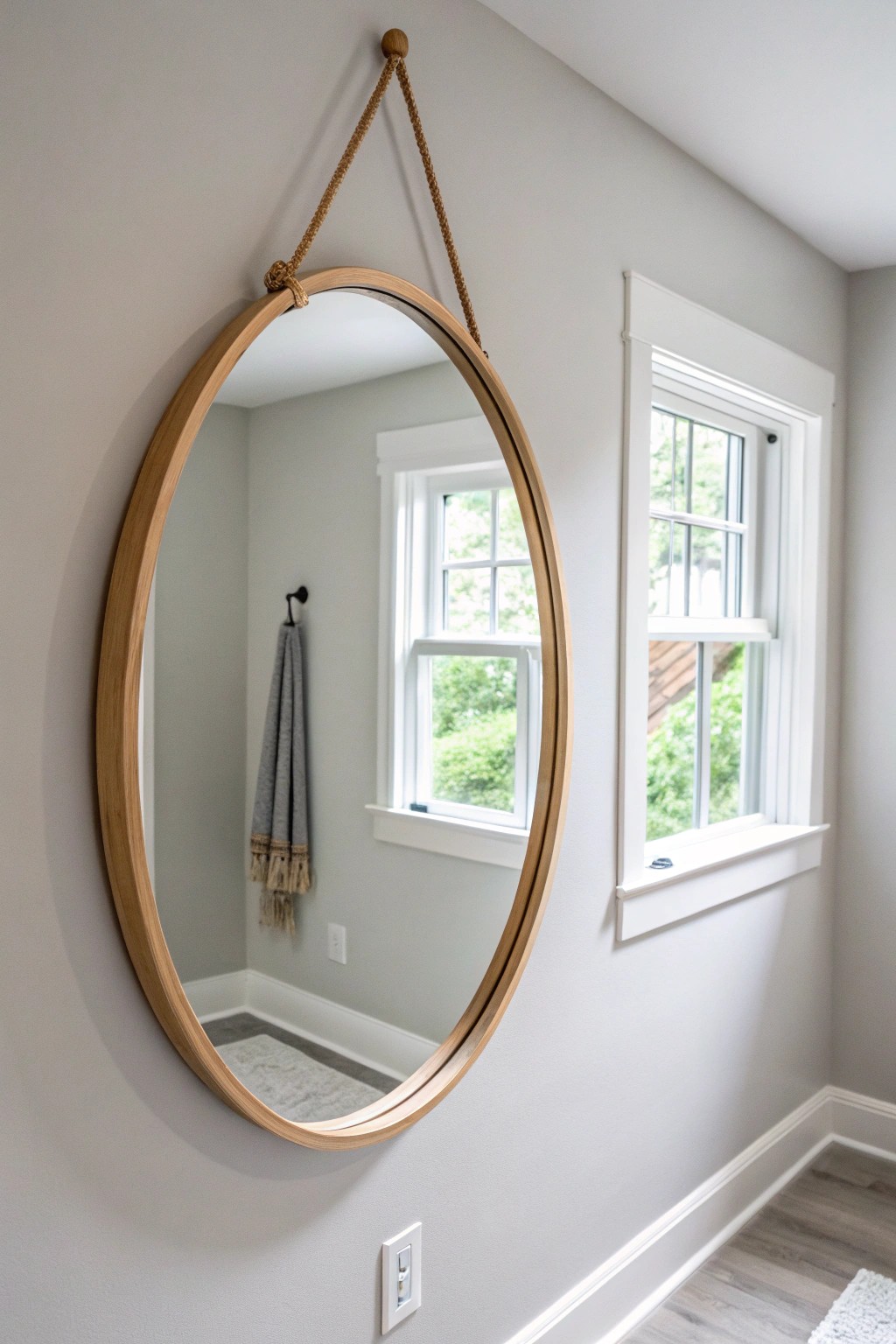 Brighten your basement with light hues and a statement mirror for spacious, handcrafted elegance.