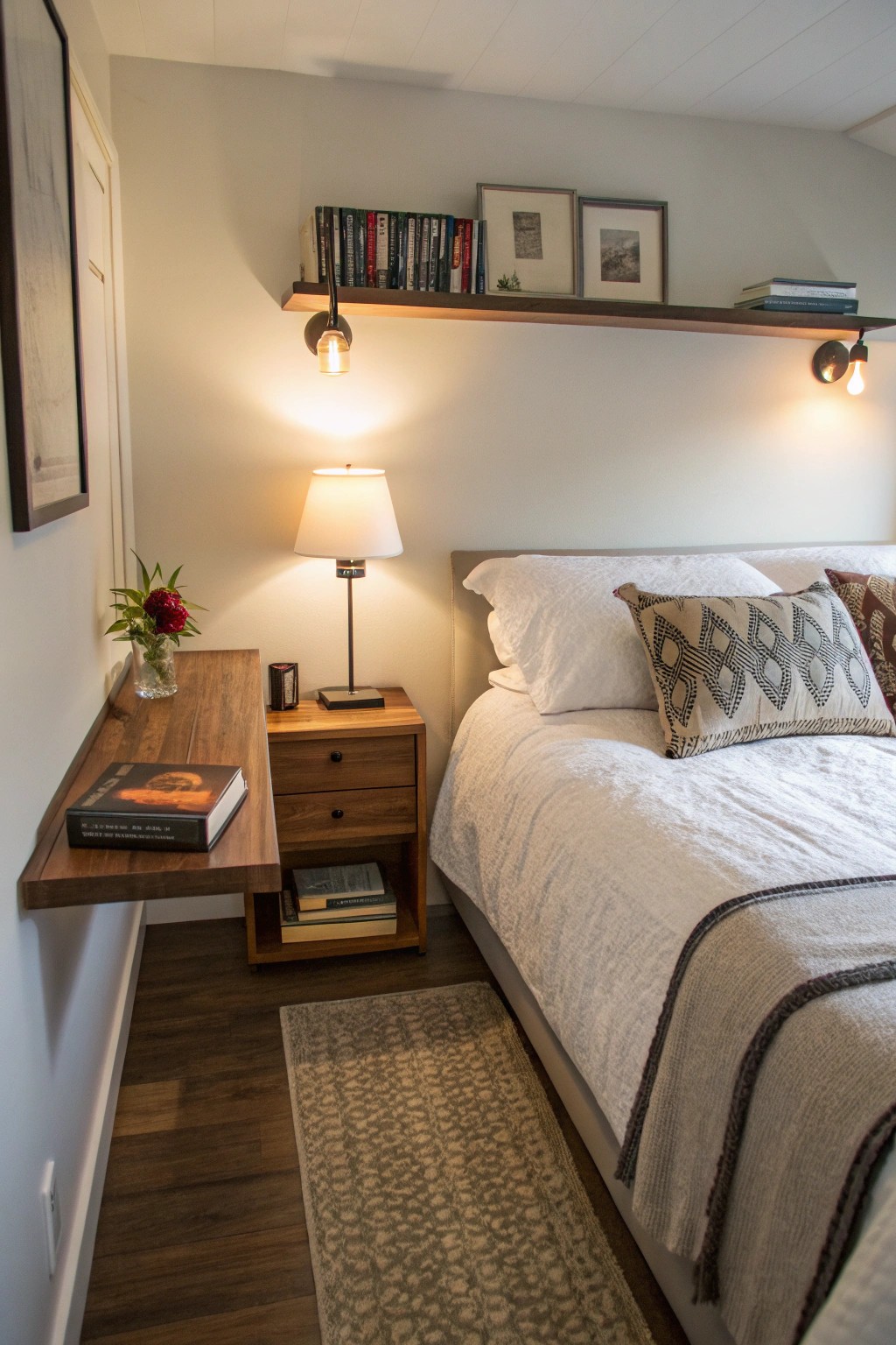 Floating nightstands offer bedside convenience without crowding the floor.