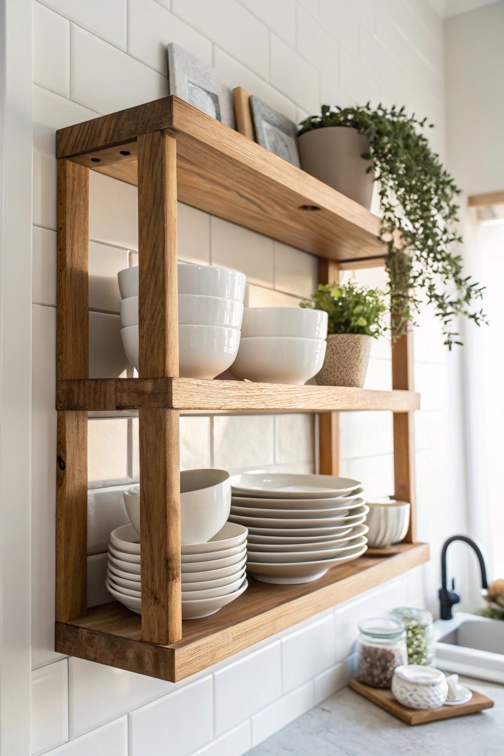 Elevate your galley kitchen with simple, elegant open shelving.