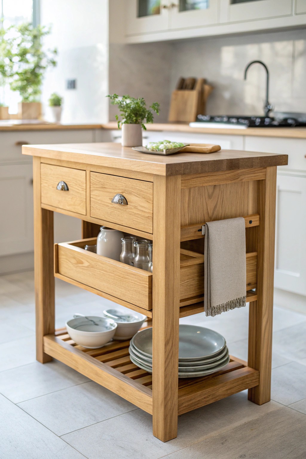 A hidden storage gem: minimalism meets clever design in this artisan-crafted kitchen island.