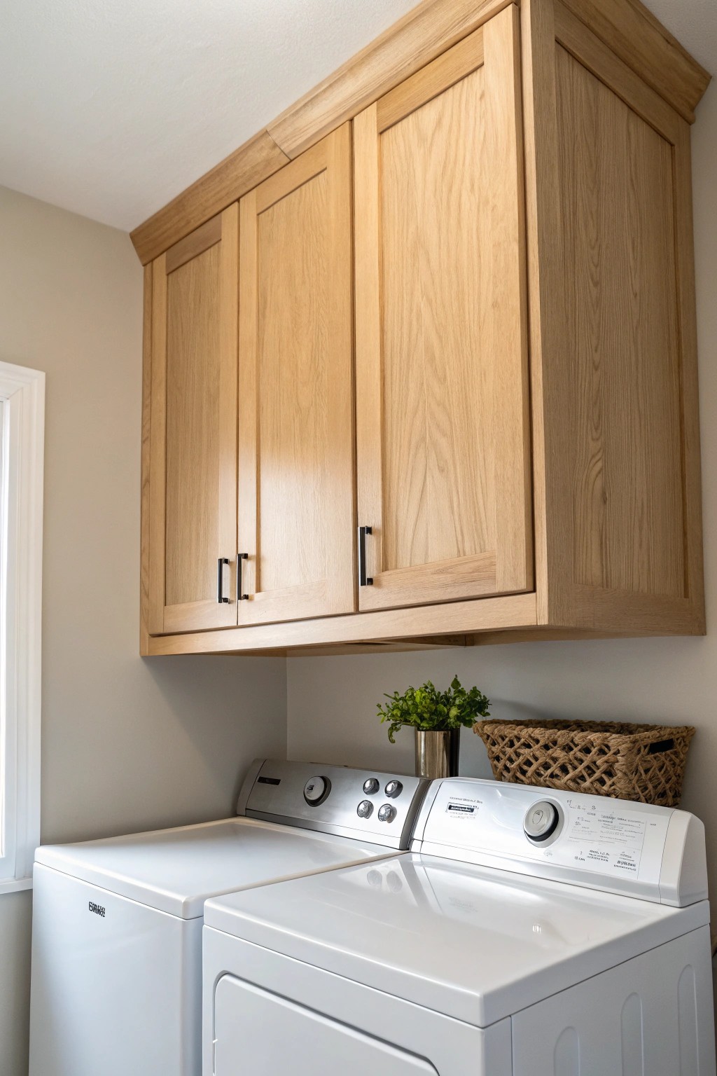Effortless organization: Hide laundry essentials in sleek overhead cabinets.