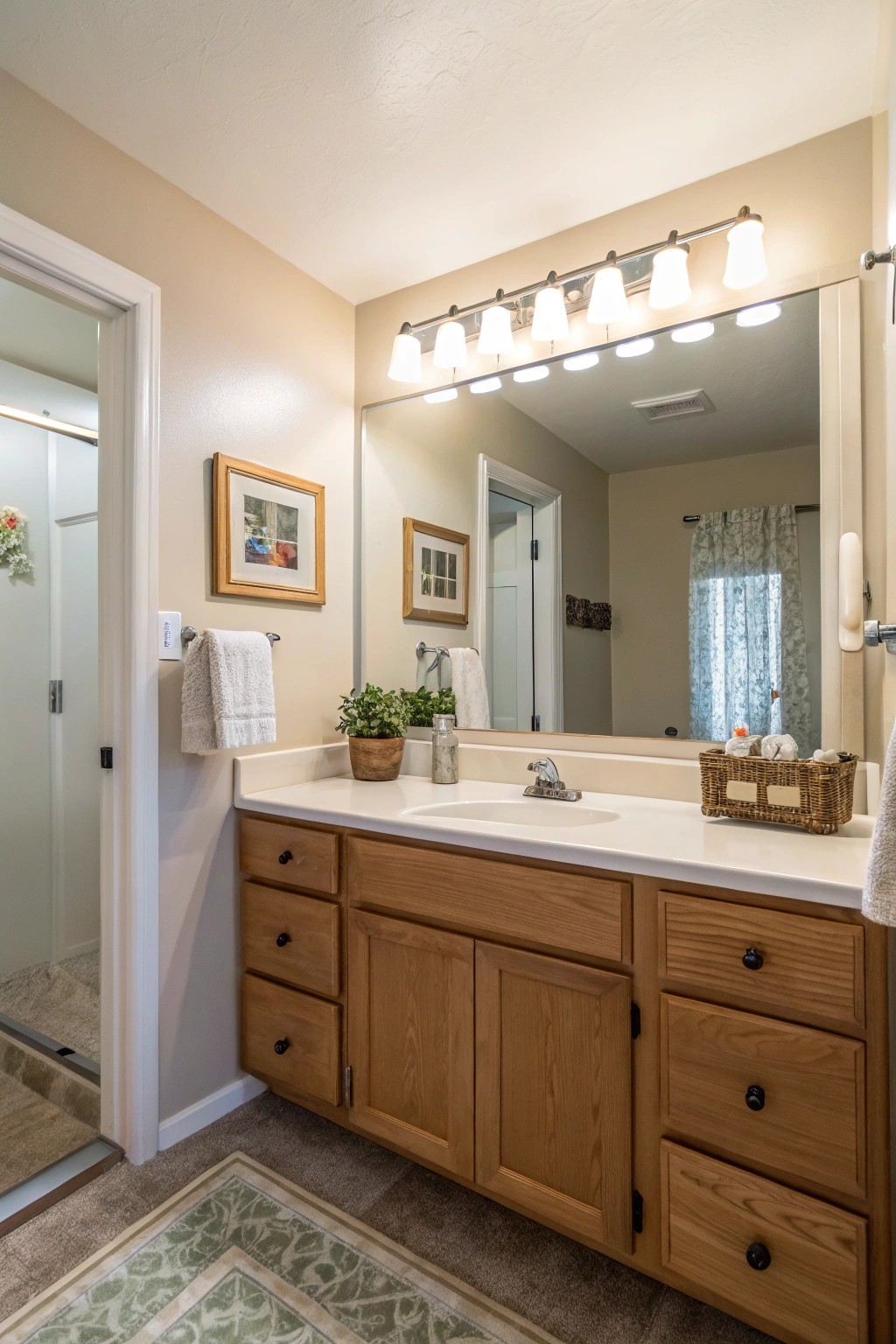 An expansive mirror above the vanity visually doubles the room’s depth.