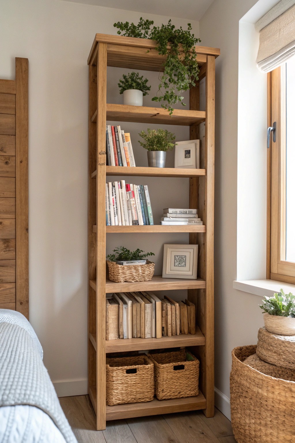 Elevate your small bedroom with elegant vertical storage—where beauty meets function.