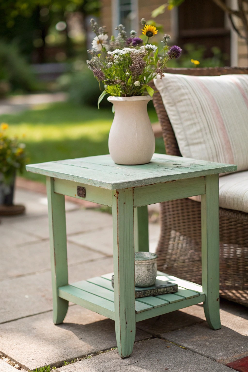 Thrifted side table, a unique patio gem with a fresh look on a budget.