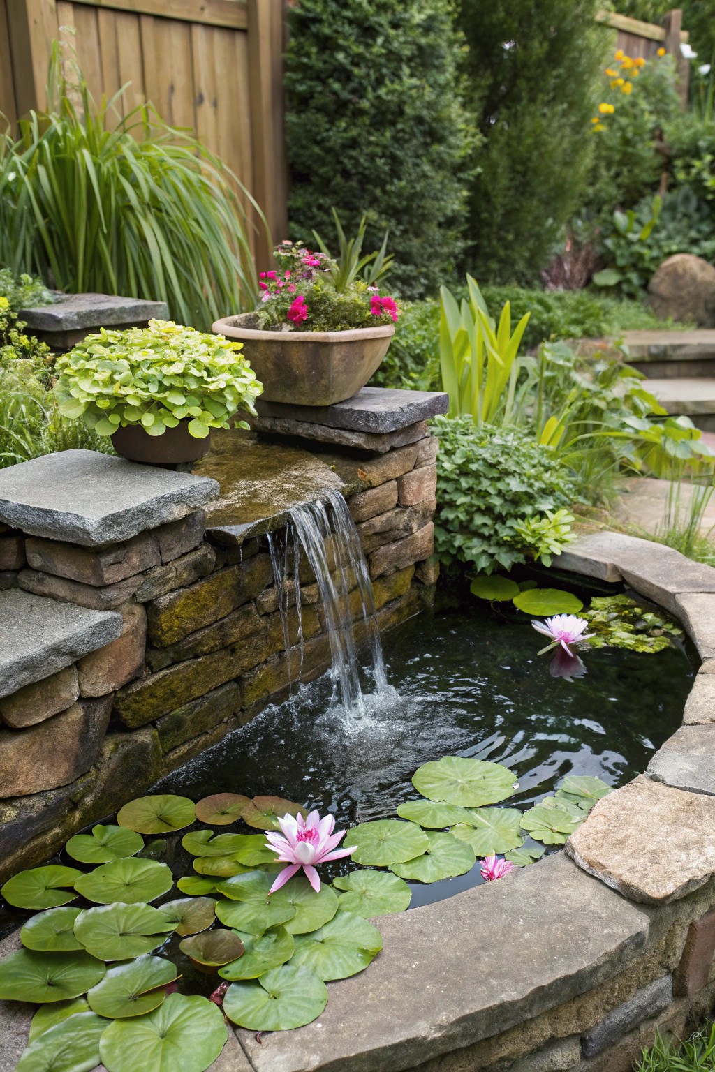 A waterfall with built-in planters overflowing with vibrant greenery.
