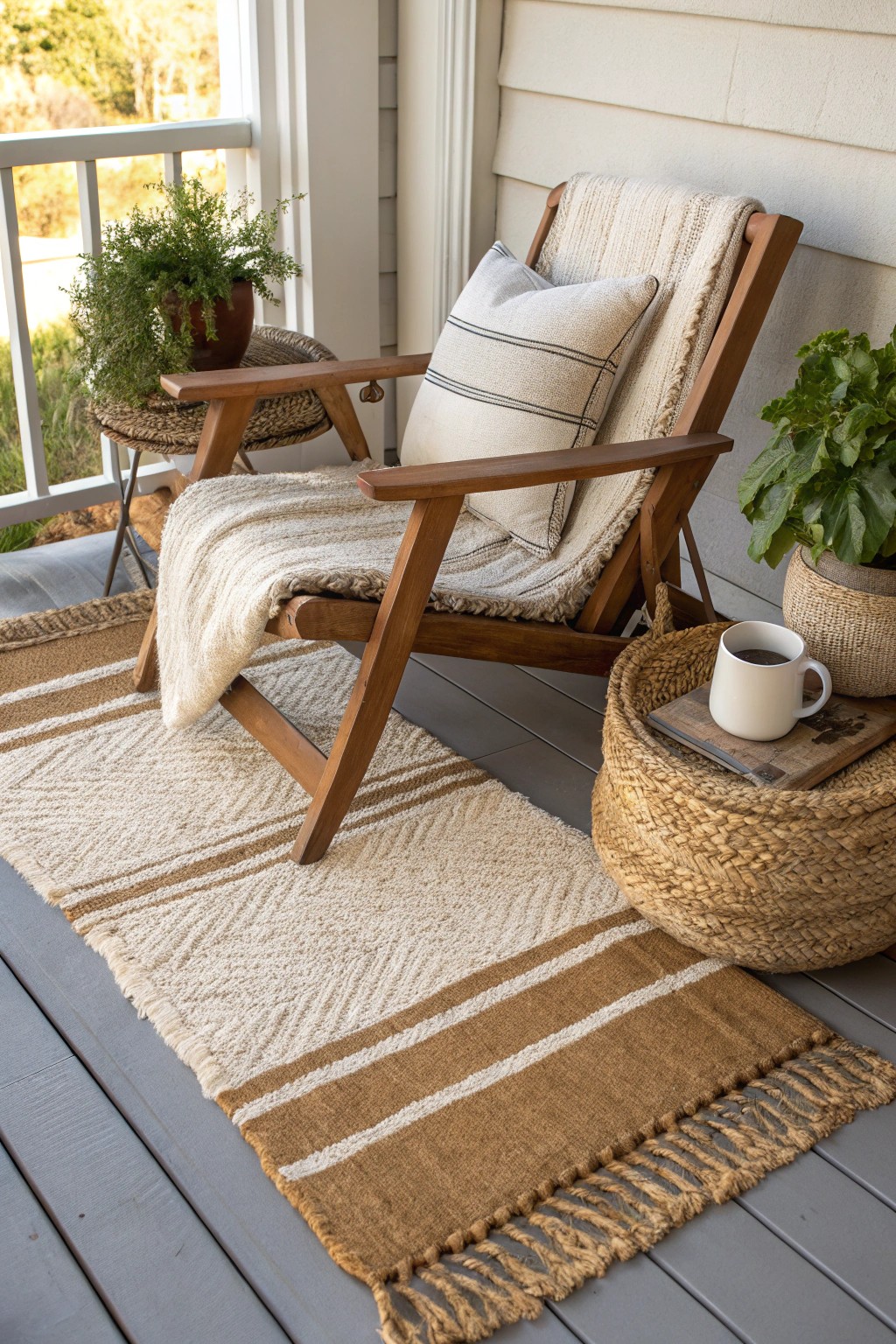 Cozy up your small porch with layered, natural rugs for instant warmth and style.