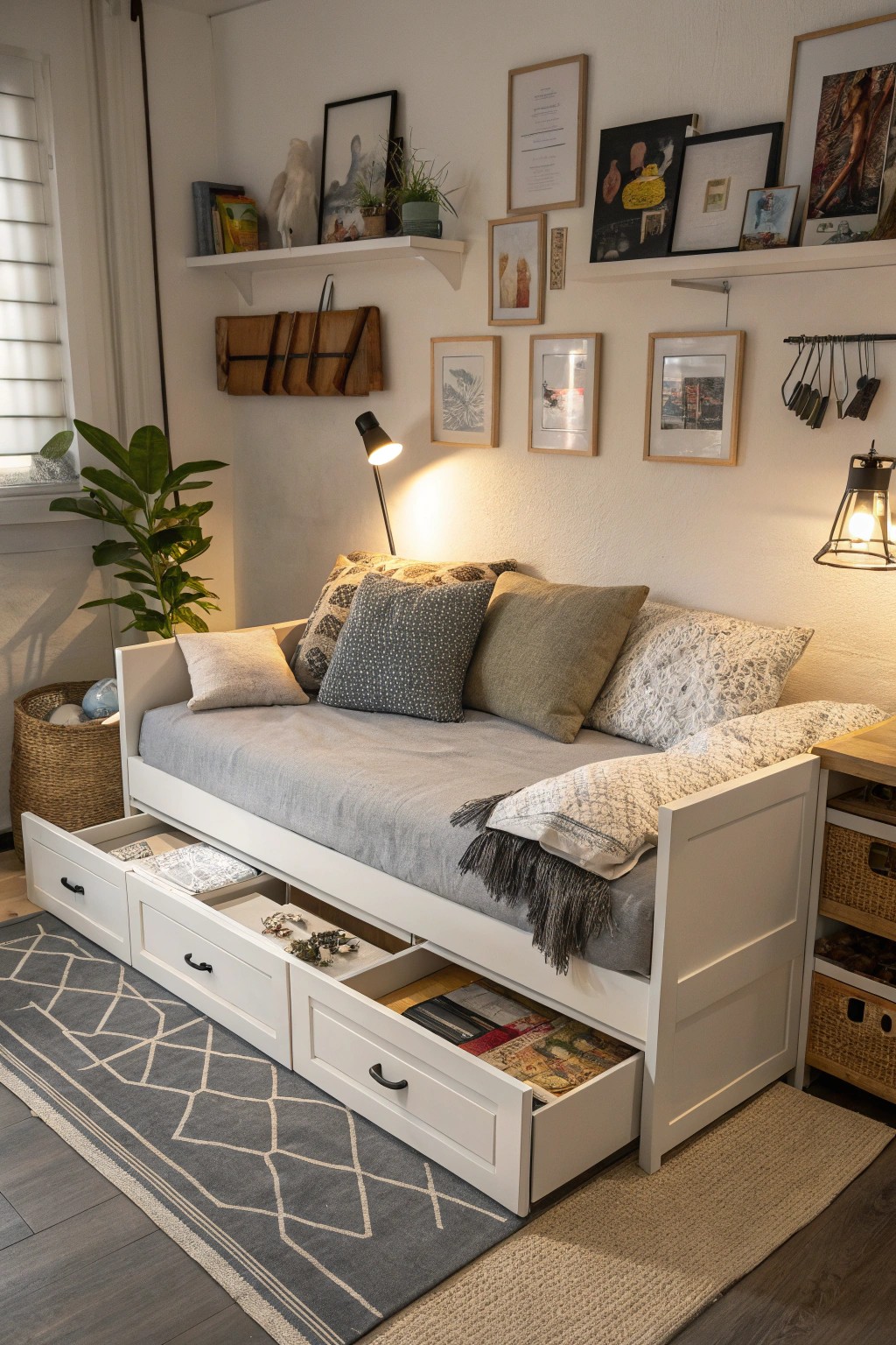 A daybed with storage transforms into a cozy lounge or sleeping spot as needed.