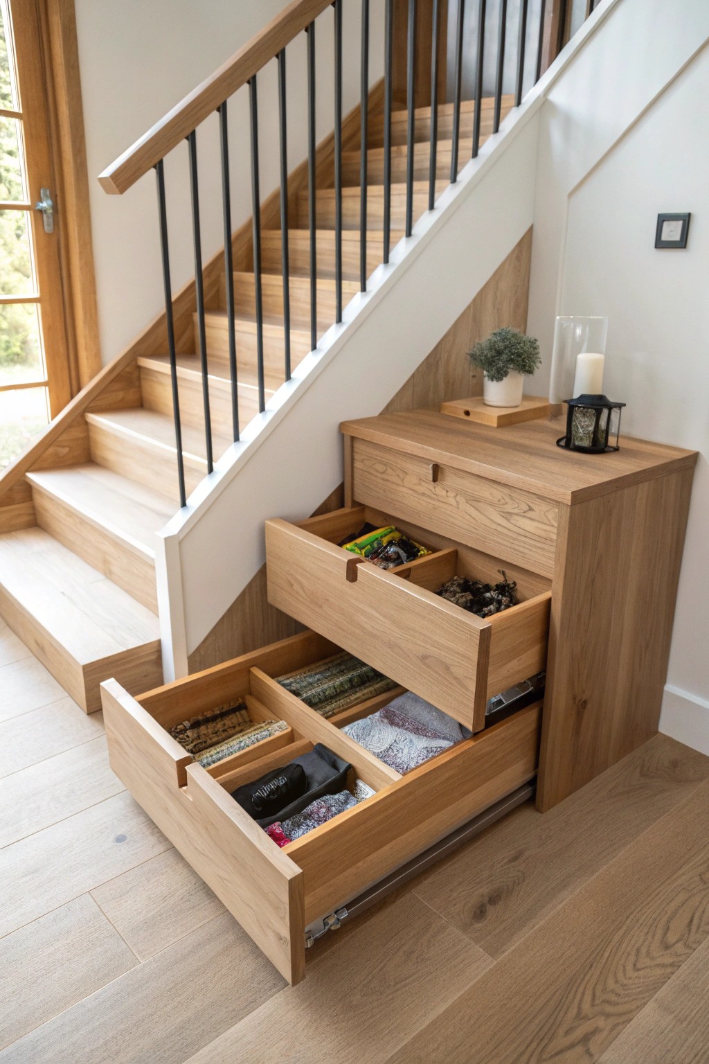 Elegant under-stair pull-out drawer—smart storage with natural beauty.