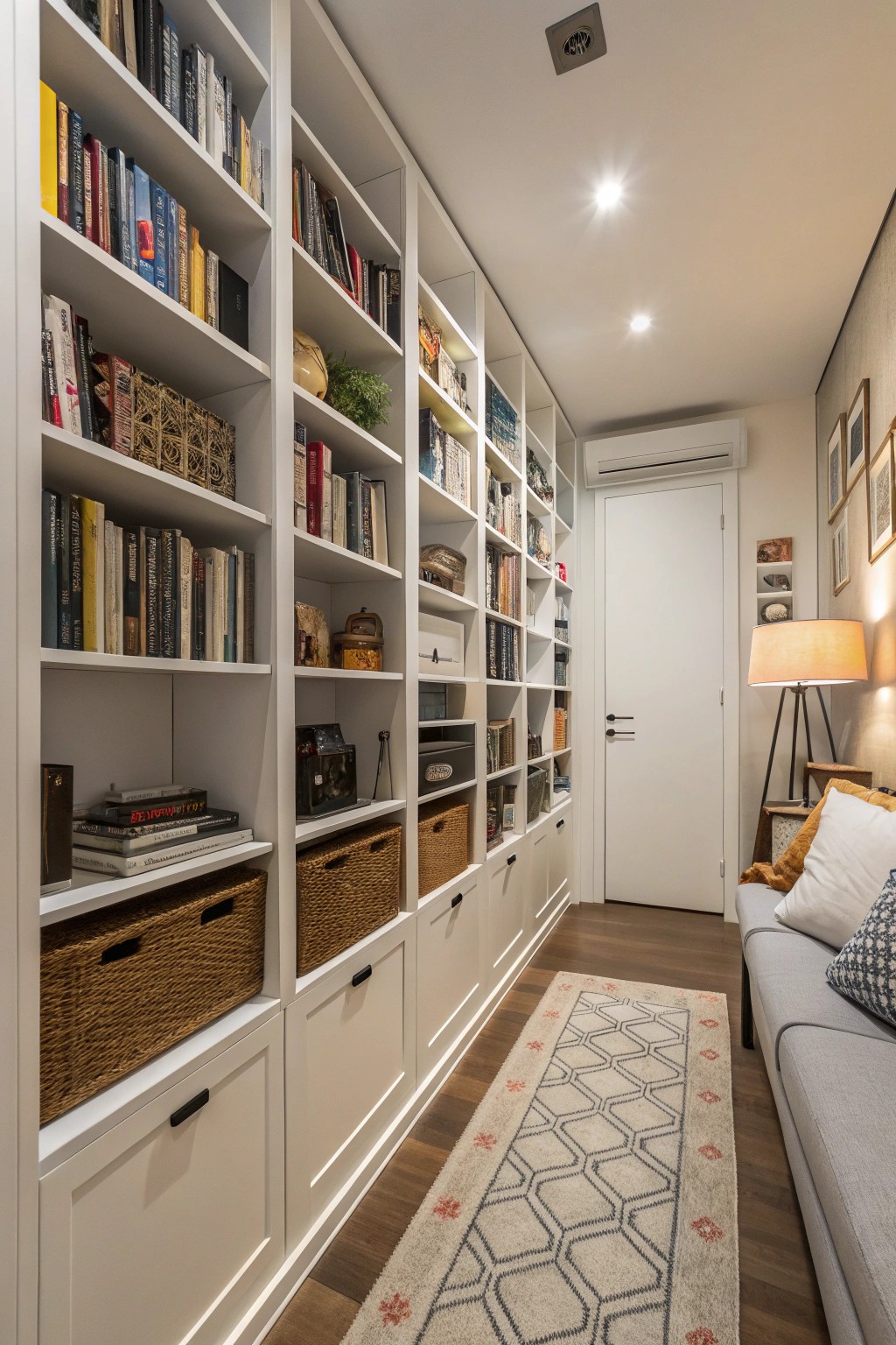 Vertical shelving turns unused wall space into smart storage.