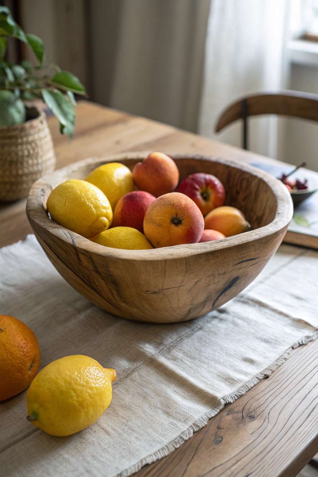 Natural beauty: a handcrafted wooden bowl overflowing with fresh, colorful fruit for a simple yet stunning table centerpiece.