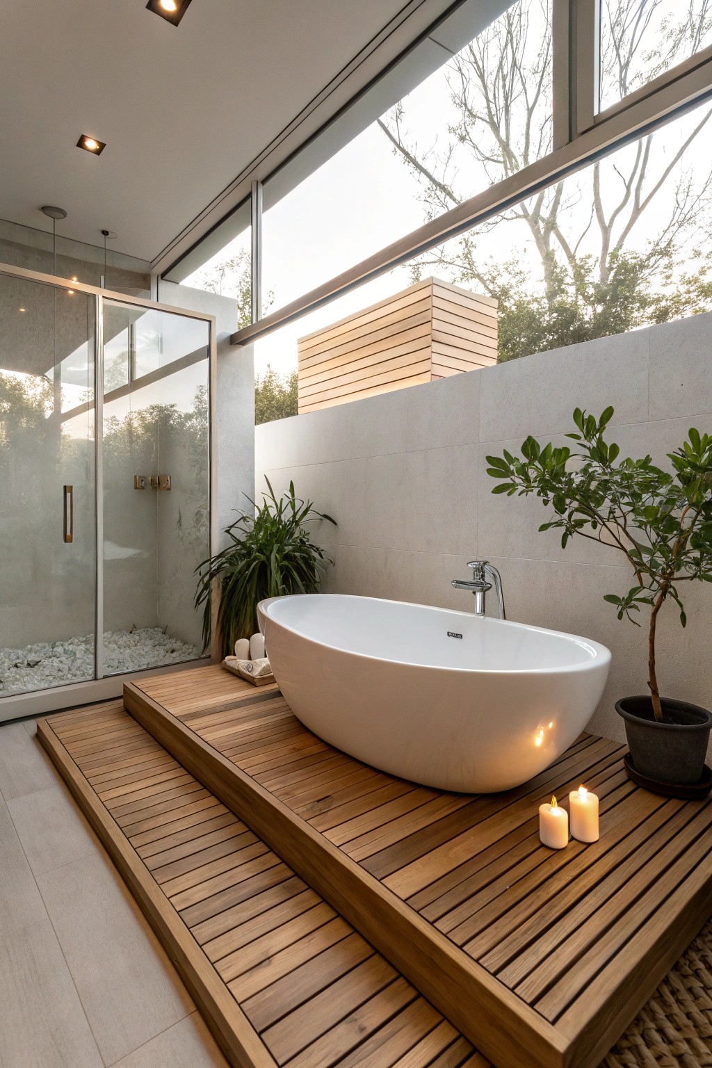 Elevate your soak: a serene tub on a crafted wood platform inside a modern shower sanctuary.