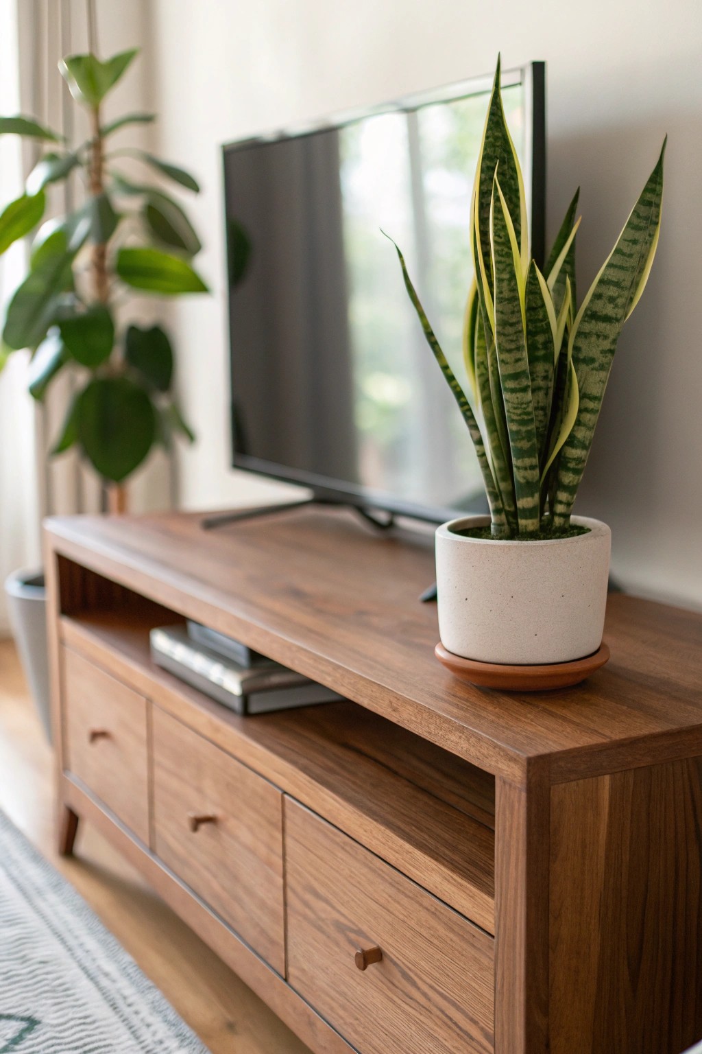 Elevate your TV stand with the timeless beauty of a single sculptural snake plant.