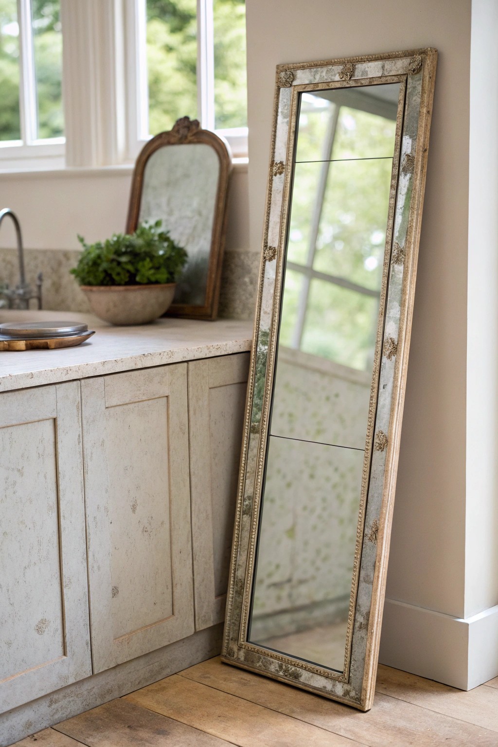 Timeless charm: An antique mirror panel adds depth and history to your kitchen.