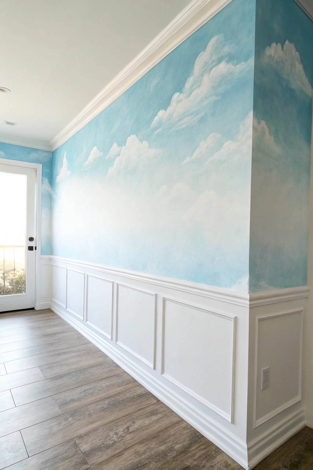Dreamy blue-to-white ombré wall—a serene touch of artistry for your home.