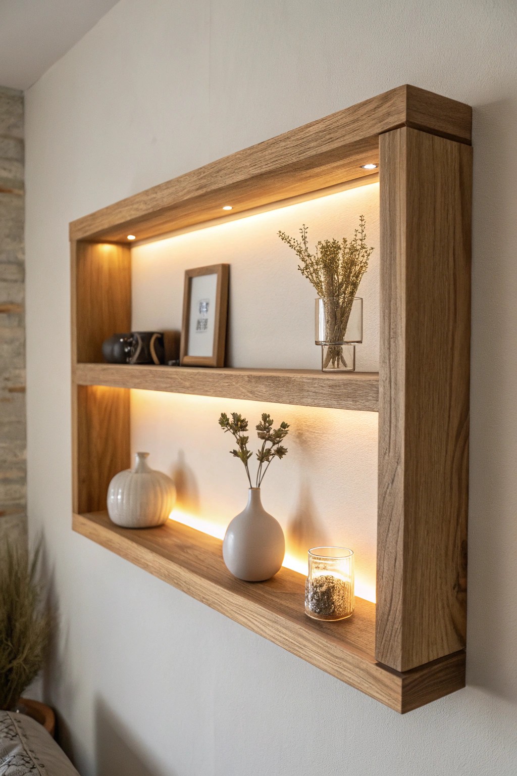 Elevate your space with a handcrafted shelf and a gentle, built-in glow.