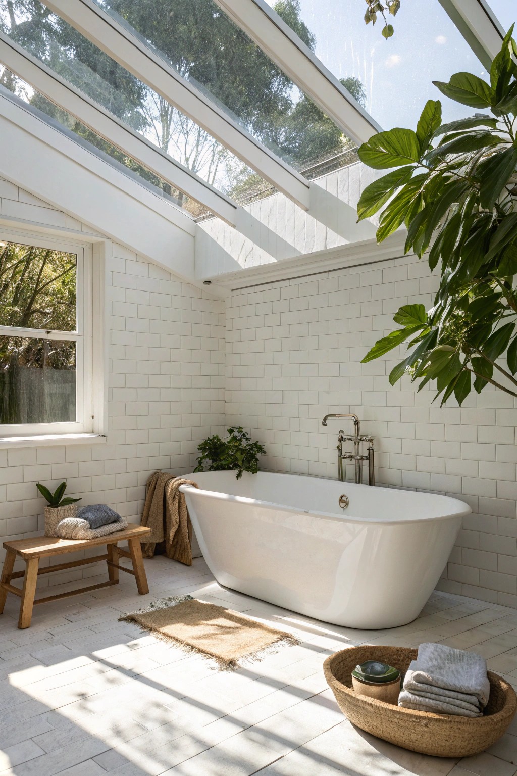 Bathe in natural light: Elevate your white bathroom with a luminous skylight.