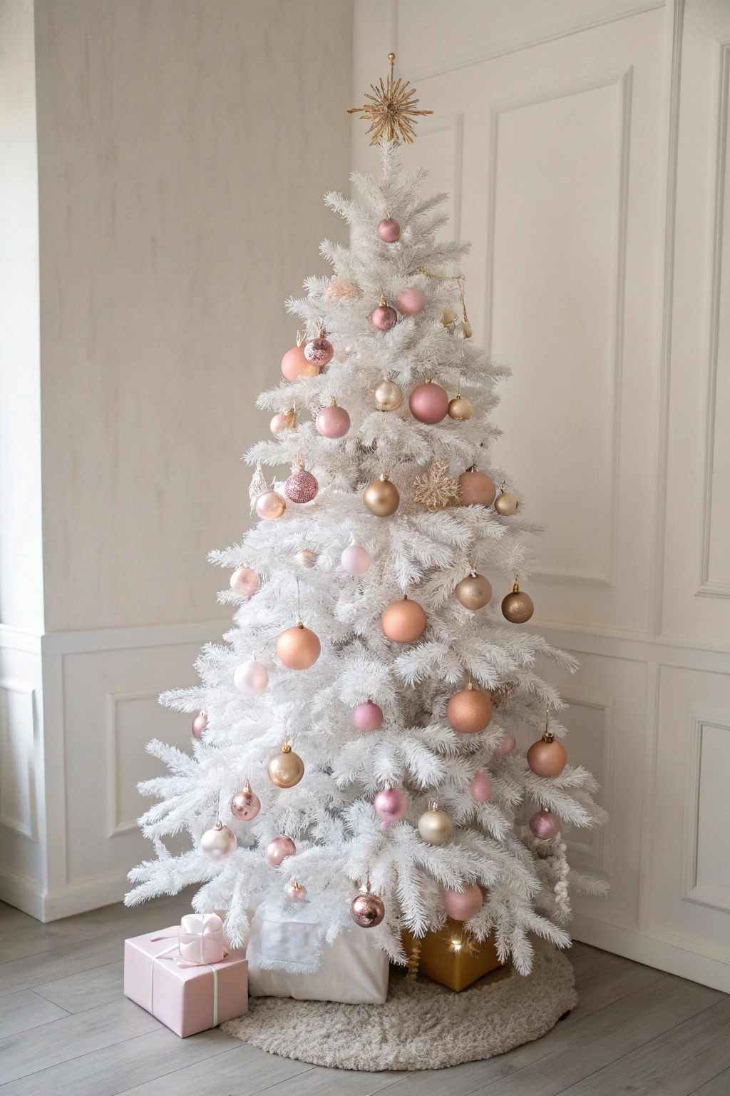 Blush pink and rose gold ornaments bring a dreamy, modern twist to a classic white Christmas tree.