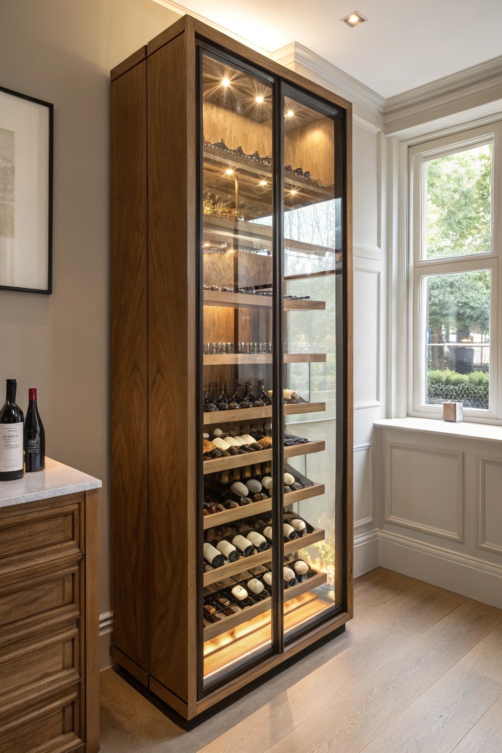 Showcase your wine collection in style with a stunning glass-enclosed display.