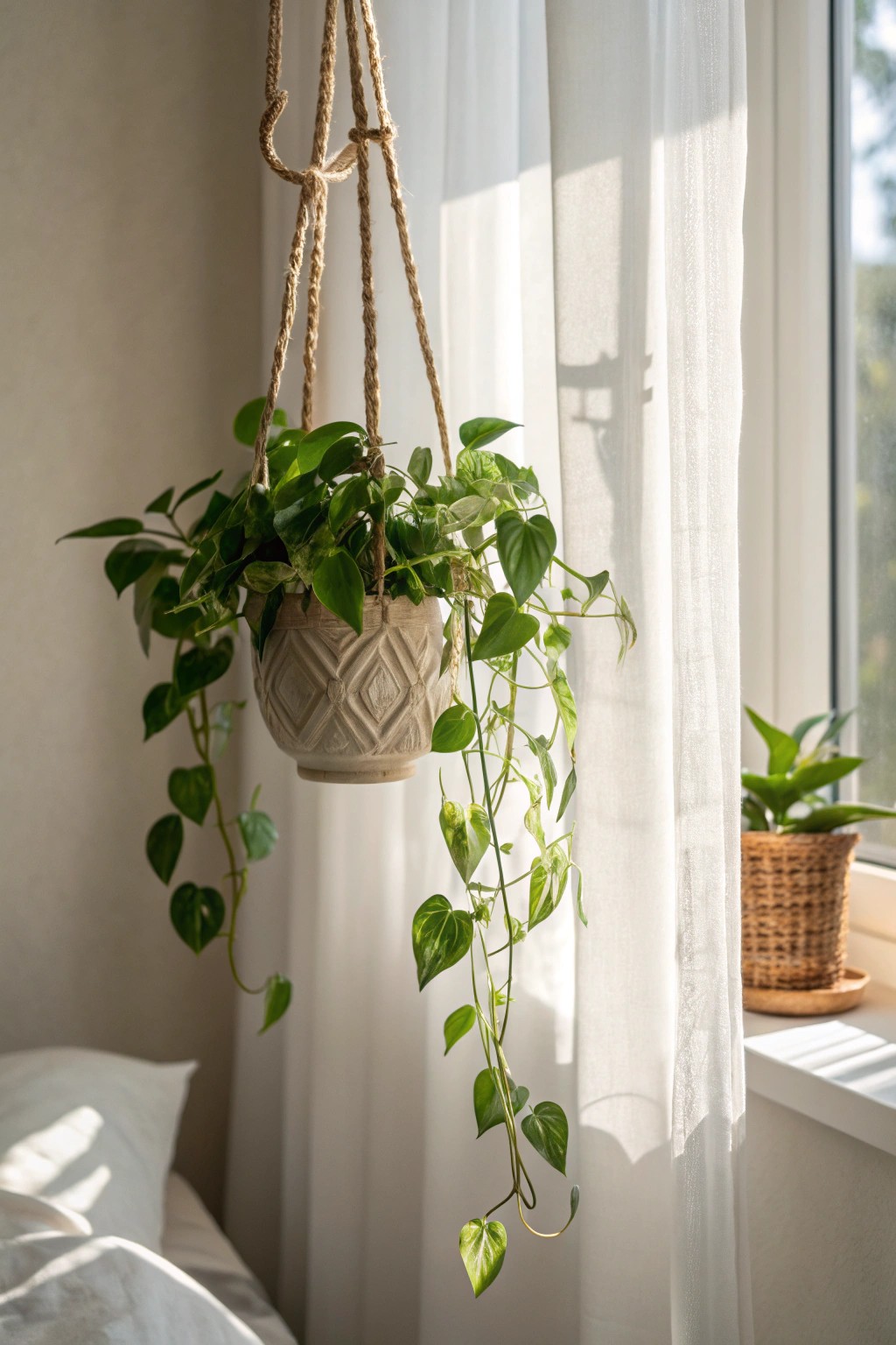 Bring life to your bedroom with a beautifully crafted hanging pothos.