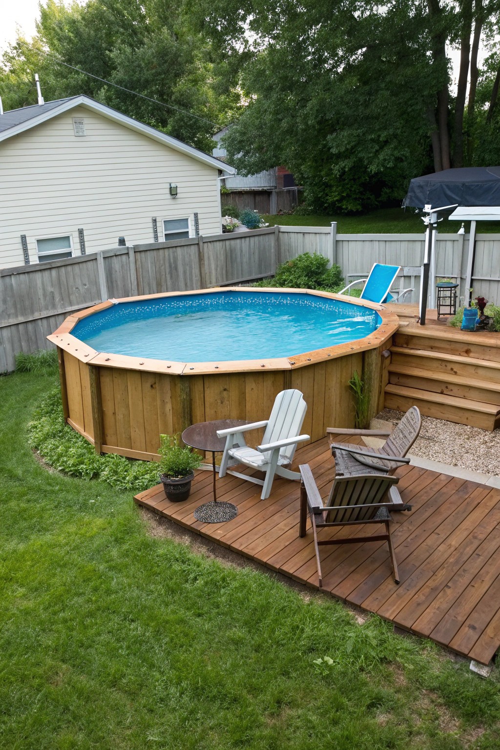 A side deck offers a comfy, space-saving spot to relax by the pool.