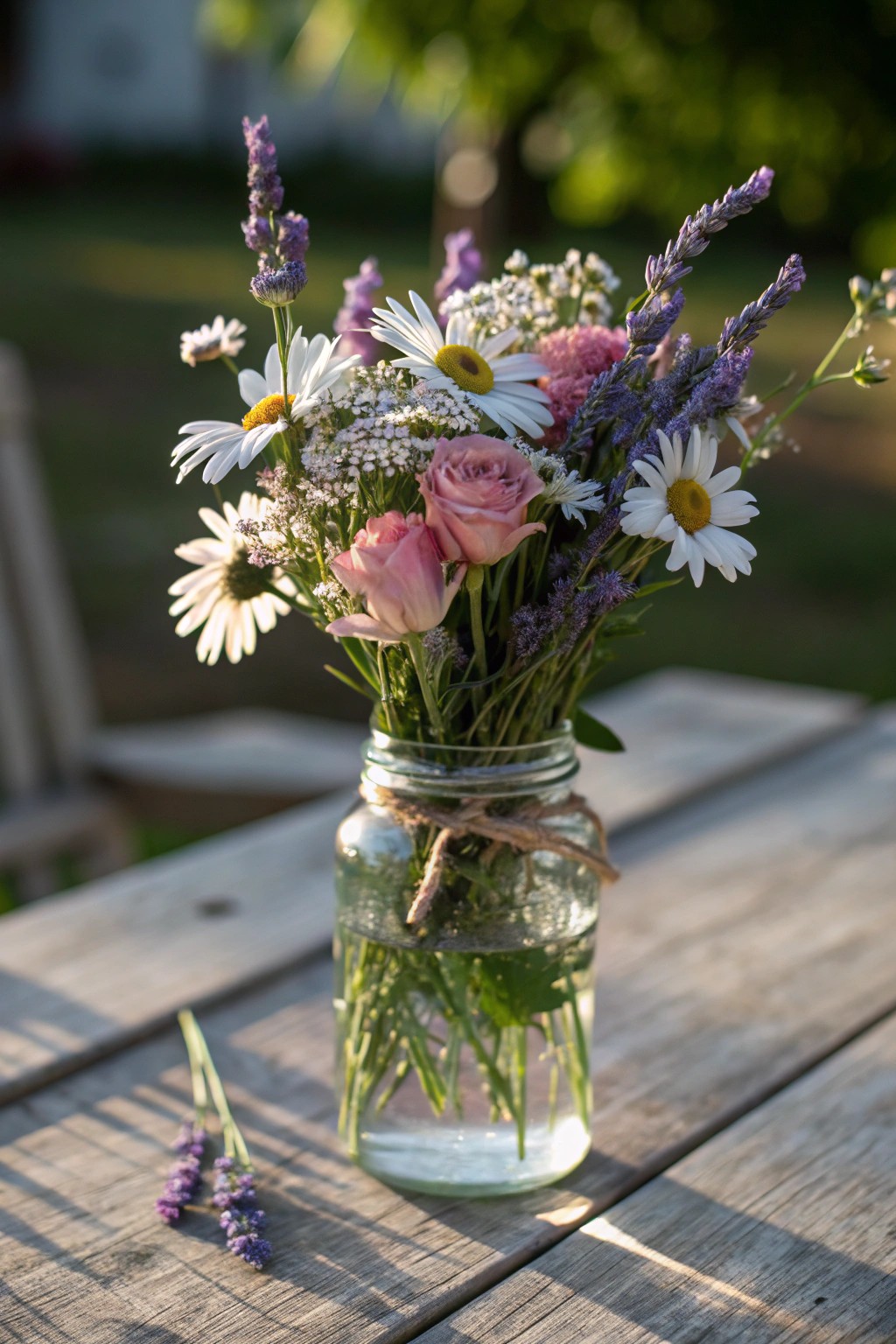 Effortless backyard beauty: DIY wildflower centerpiece in a simple glass jar.