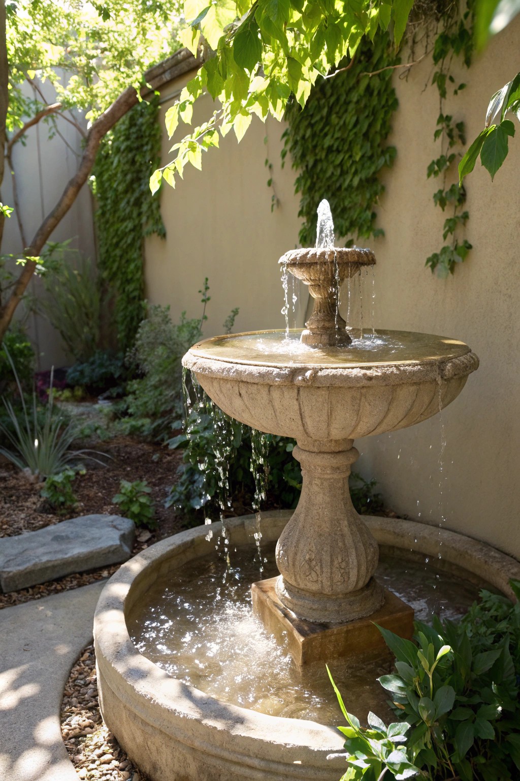 A handcrafted stone fountain transforms your backyard into a tranquil oasis.